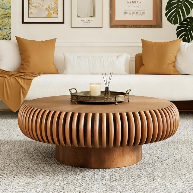 Round Modern Fluted Drum Coffee Table for Living Room, Contemporary Low Circle Center Tabl for Reception Room Entertainment Room Courtyard (ES)