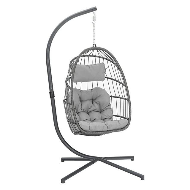 Egg Swing Chair with Stand, Rattan Wicker Hanging Egg Chair for Indoor Outdoor Bedroom Patio Hanging Basket Chair Hammock Egg Chair with Aluminum Steel Frame and UV Resistant Cushion 350lbs Capacity