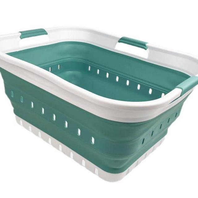 SAMMART 42L (11 gallon) Collapsible Plastic Laundry Basket - Foldable Pop Up Storage Container/Organizer - Space Saving Hamper/Basket (1, White/Celadon Green)