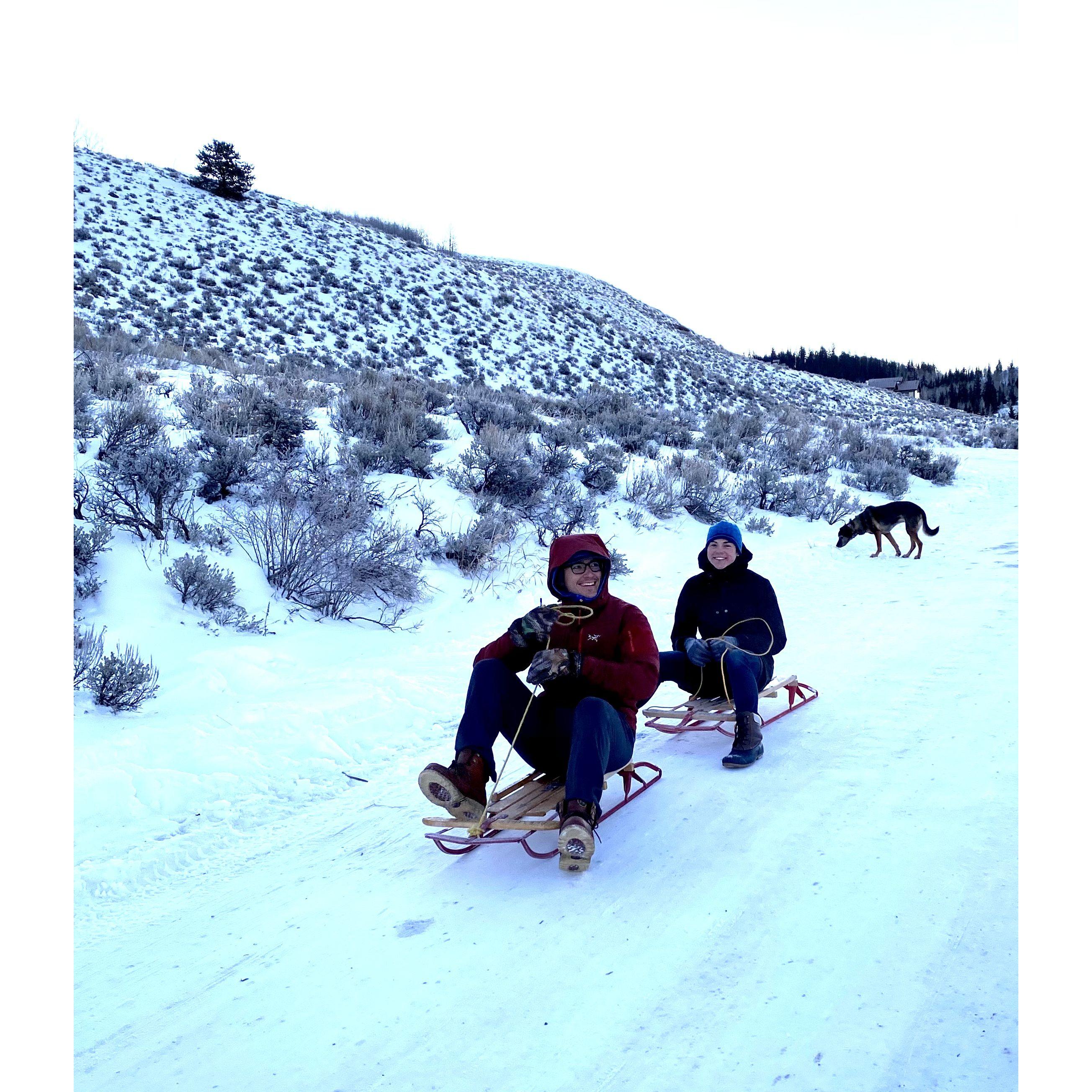 Letting the inner children out to play. Austin was much better at controlling the sled than Miranda.