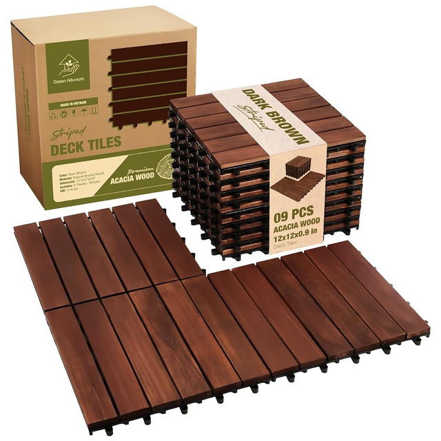 GREEN ALLUVIUM Premium Acacia Wood Interlocking Deck Tiles, 12"x12"x0.9" Outdoor Patio Flooring, Waterproof All-Weather Use, 9 PCS, Dark Brown – Striped Pattern