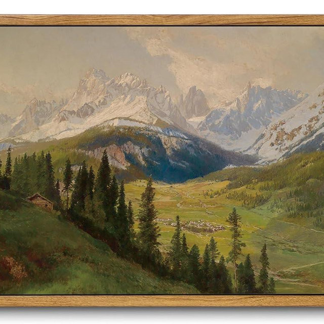 KISSFOX Vintage Framed Wall Art Alpine Valley Landscape Canvas Art Farmhouse Rustic Snow Mountain Paintings Artwork Natural Serene Countryside Cottagecore Art Prints For Bedroom Bathroom Living Room