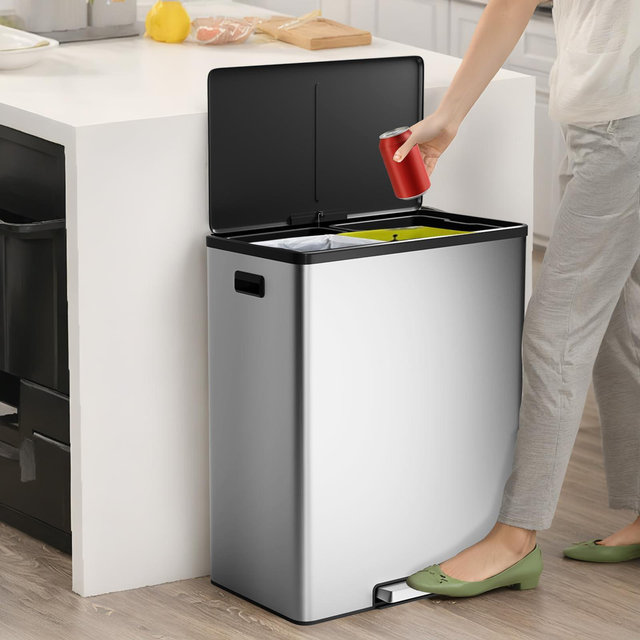 GustoWave 16 Gallon Kitchen Trash Can, 30L+30L Step Dual Recycling Bin with 2 Removable Barrel, Soft Close Lid, Stainless Steel Garbage Can, Silver