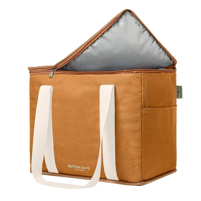 Reusable Insulated Grocery Bag - Leak Proof, X Large Insulated Cooler Bag - Insulated Shopping Bags for Groceries - Travel Cooler Bag for Frozen and Hot Food with Zippered Top (Caramel Cream)