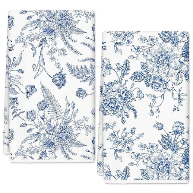 JarThenaAMCS Vintage Flower Kitchen Towel Blue and White Dish Towel 18 x 28 Inch Retro Floral Hand Drying Tea Towel for Cooking Baking Party Supplies, 2Pcs