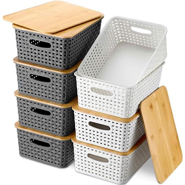 Barydat 8 Pack Plastic Storage Baskets with Bamboo Lid 10x7x4 Pantry Organization Storage Containers Lidded Storage Bins for Shelves Drawers Desktop Closet Playroom Office(Gray, White, Classic)