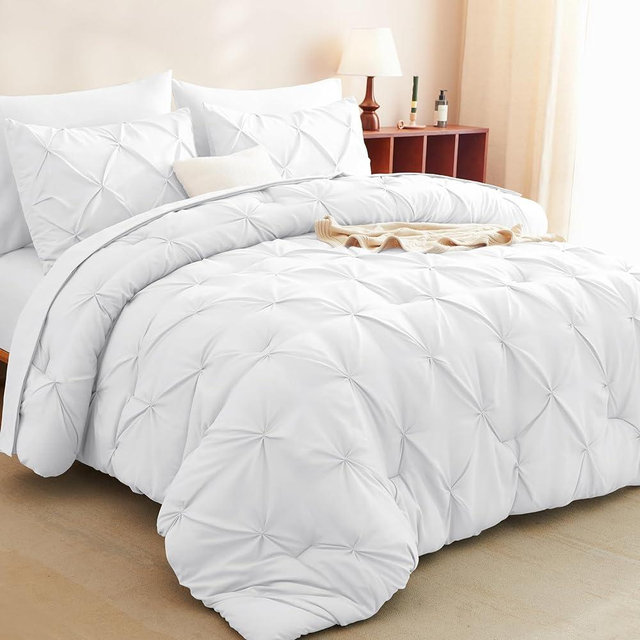CozyLux White King Comforter Set - 7 Pieces Comforters King Size White, Pintuck Bed in A Bag Pinch Pleat Bedding Sets with All Season Comforter, Flat Sheet, Fitted Sheet and Pillowcases & Shams