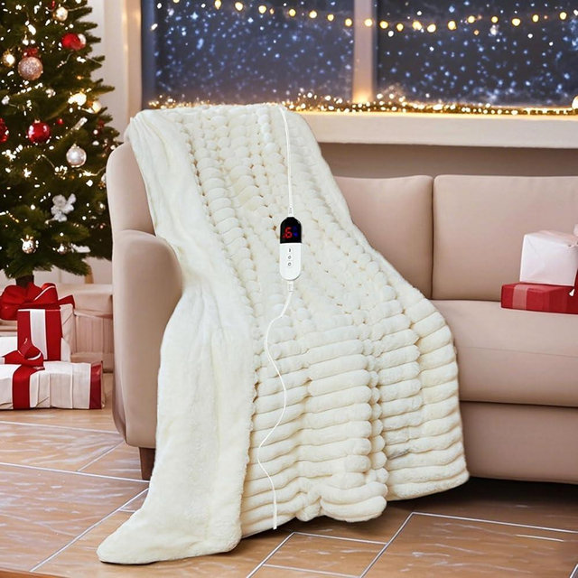 AEPINBH Heated Electric Blanket Throw: 6-Level Fast Heating, 4-Hour Auto-Off, Soft&Warm Stripe Faux Rabbit Fur, for Couch Home Office, with Overheating Protection & ETL Certified(50 x 60,Milky White)