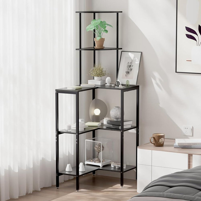 5 Tier Corner Shelf Stand, Cabinet Table with Open Shelf, Corner Table with Shelf, Multipurpose Display Organizer Storage Stand, Vintage Metal Bookshelf for Small Spaces Living Room Office (Black)