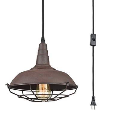 Dazhuan Nautical Barn Ceiling Light Metal Wire Caged Pendant Light Fixture Plug-in Farmhouse Hanging Lamp with Toggle Switch, Rust Finish