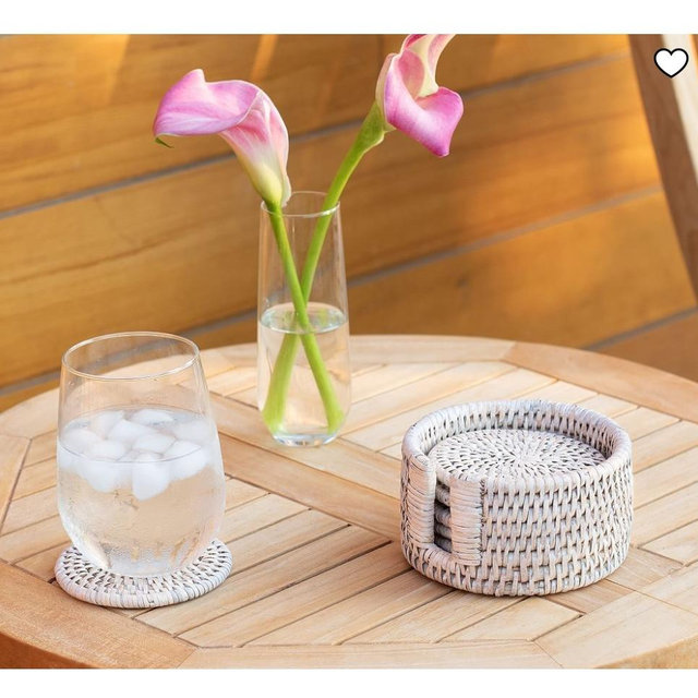 Tava Handwoven Rattan Round Coasters with Holder