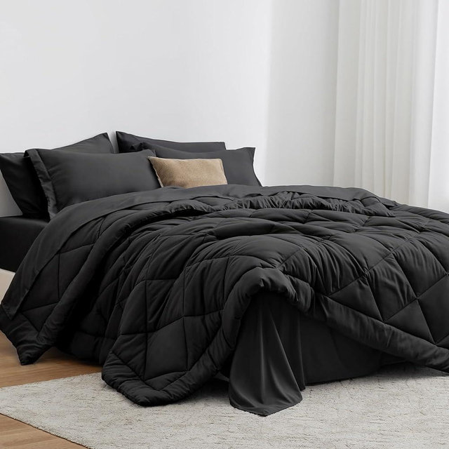 Love's cabin Oversized Queen Comforter Set Black, 7 Pieces Bed in a Bag, All Season Queen Bedding Sets with 1 Comforter, 1 Flat Sheet, 1 Fitted Sheet, 2 Pillowcase and 2 Pillow Sham | Soft, Breathable, Lightweight, Comfortable