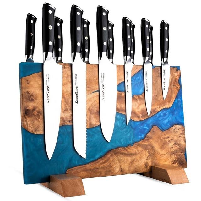 SliceElite Magnetic Knife Block Double Sided Knife Holder East Indian Walnut & Blue Resin Strong Magnet Storage for Kitchen Countertop Holds 20 Knives Non Slip Base
