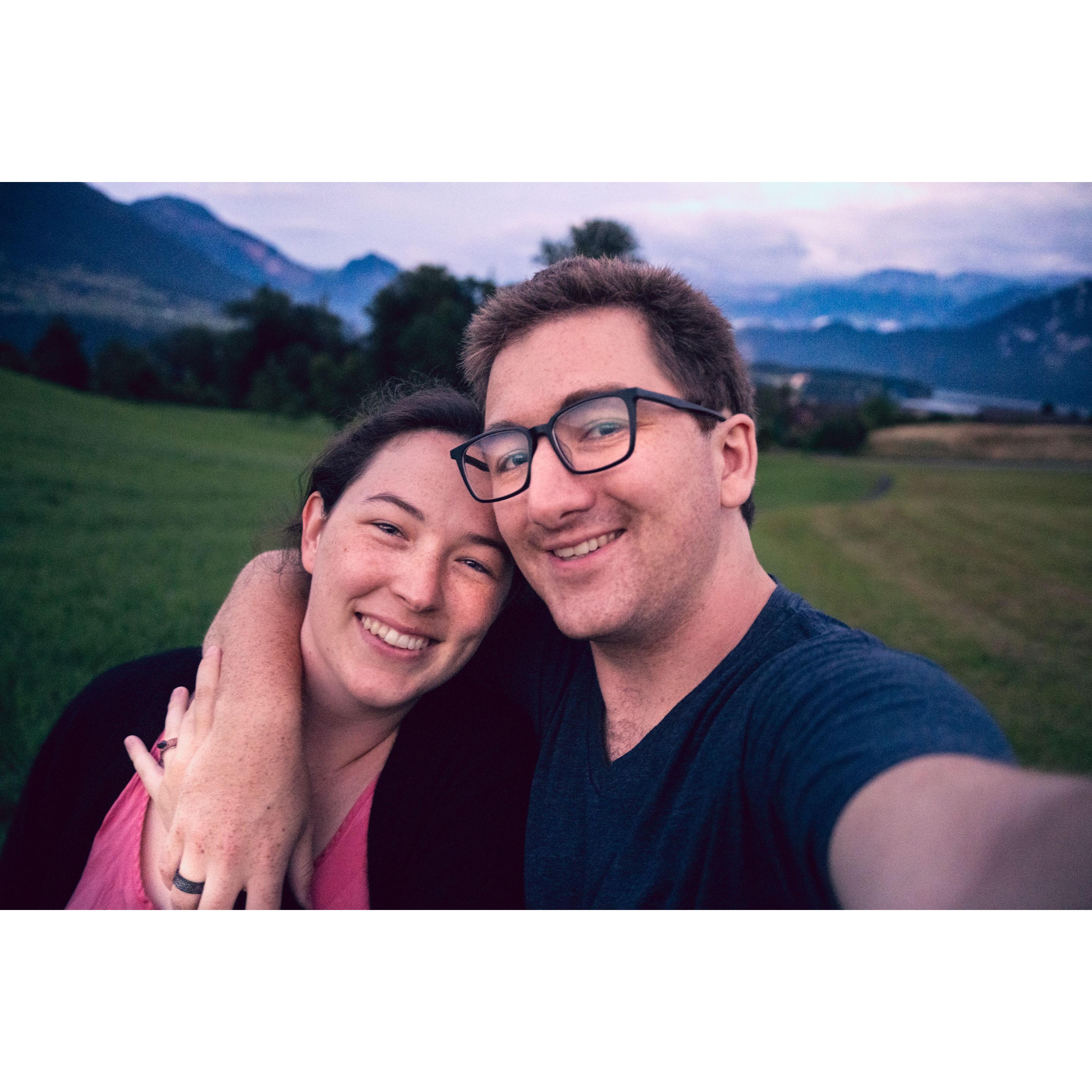 Our engagement photoshoot in Switzerland, with lake Lucerne in the background.