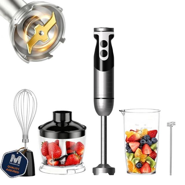 MegaWise Pro Titanium Reinforced 5-in-1 Immersion Hand Blender, Powerful Motor with 80% Sharper Blades, 12-Speed Corded Blender, Including 500ml Chopper, 600ml Beaker, Whisk and Milk Frother (Black)