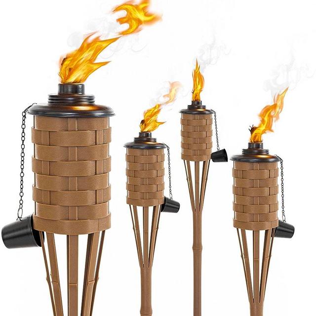 ONETHATCH Citronella Torches (Brown Color, 4pack); Bamboo Torch, Perfect for Outdoor Lighting, Luau, Summer Parties, and Garden Decor; Wide-Mouth Metal Canister, Stands 60" Tall.