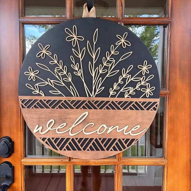 3D Welcome Sign for Front Door, Rustic Round Wood Wreaths Wall Hanging Modern Farmhouse Decor, House Warming Gifts New Home,Porch Fence Decorations for Spring Summer Fall All Seasons Holiday Christmas