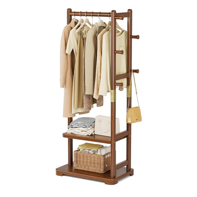 Taitiy Coat Rack Solid Wood Clothes Rack with 2 Shelves & 4 Hooks for Hanging Clothes Garment Wallets Hats, Clothing Rack Coat Rack Freestanding Hall Tree with Storage for Hallway Bedroom Living Room