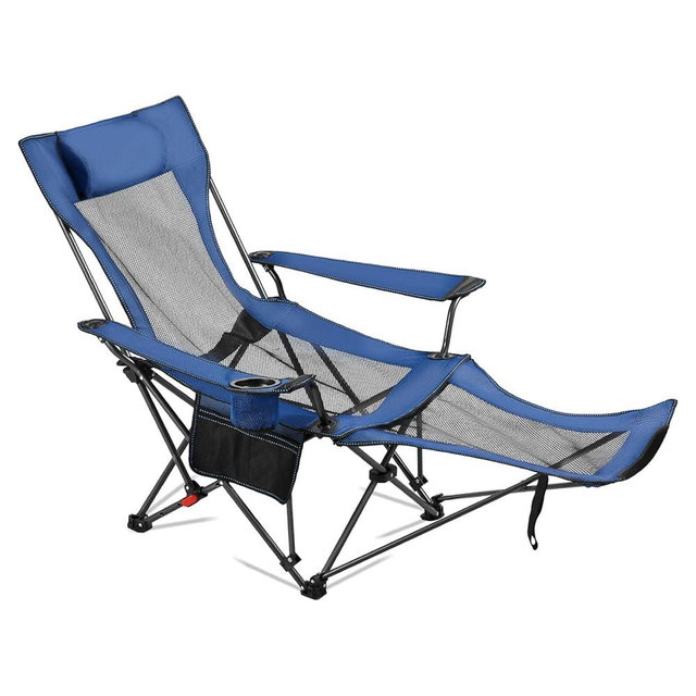 VEVOR Reclining Camping Chair, 4 Adjustable Positions, Portable Folding Lounger for Adults, Mesh Beach Chair with Headrest & Foot Rest, Supports 220 lbs, Heavy Duty Camp Chairs for Patio, Blue