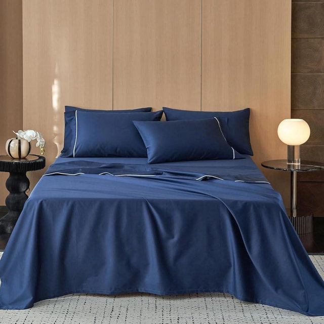 MooMee Queen Sheet Set, 100% Extra Long Staple Cotton 600TC Sateen Weave Cooling Breathable Silky Soft Luxury Hotel Quality Bed Sheets with 17" Deep Pocket - 4 Piece (Navy Blue, Queen)