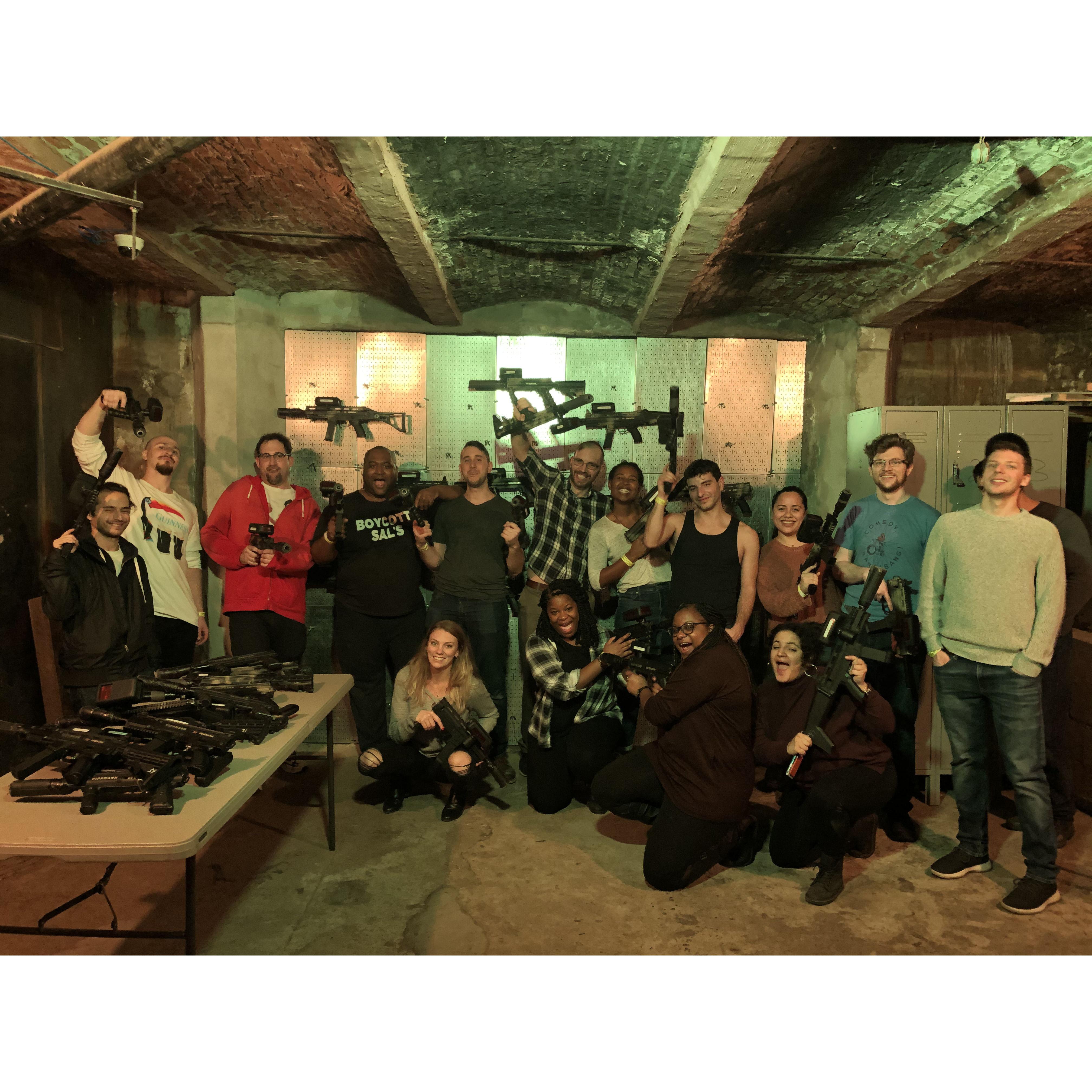 Let's be clear though, Masha's prreetty good at surprises too. A picture of us among great friends for Andy's surprise 30th birthday party, a night of laser tag.