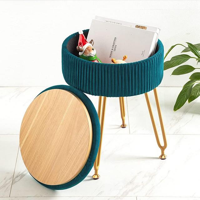 Velvet Storage Ottoman Foot Rest, Upholstered Pleated Round Footrest Vanity Stool with Metal Legs, Coffee Table Top Cover, Modern Accent Stools,Makeup Footstool, Suitable for Living Room and Bedroom