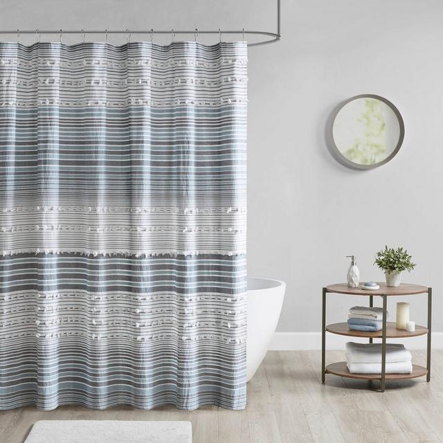 Corey Cotton Yarn Dye Shower Curtain with Pom-Poms Blue