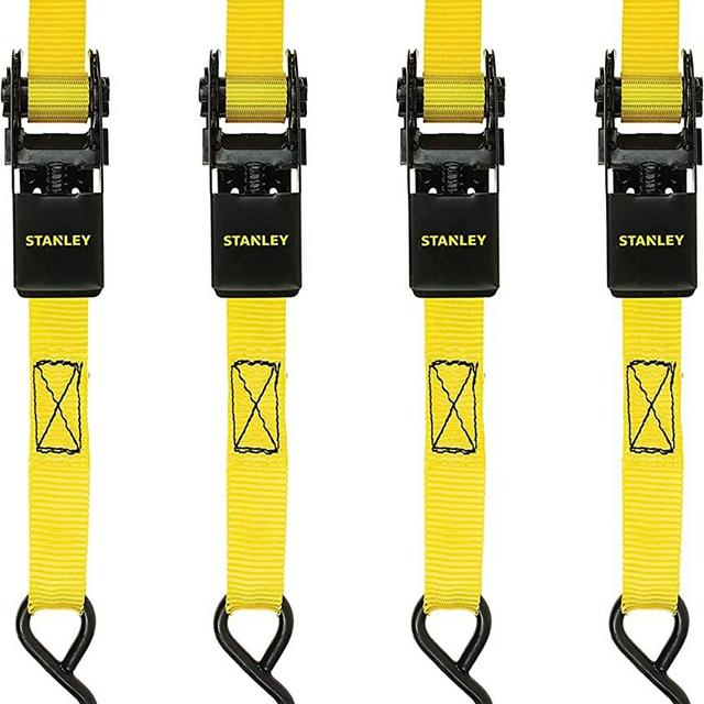 STANLEY S9500 Black/Yellow 1" x 10' Ratchet Straps - Light Cargo Hauling (900 lb Break Strength), 4 Pack
