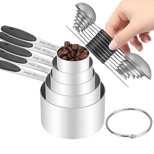 Measuring Cups and Spoons Set,Includes 5 Stainless Steel Nesting Measuring Cups, 7 Measuring Spoons, 1 Leveler, for Dry & Liquid Ingredients(Black)