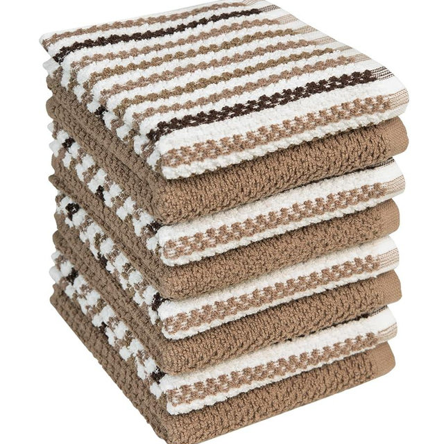 Bumble Towels Premium Dish Cloths 12"x12" | 100% Natural Ring Spun Cotton Tea Towel Set | 430 GSM | Highly Absorbent & Soft Kitchen Towels | 8 Pack - 4 Popcorn Wide Striped & 4 Solid Tan