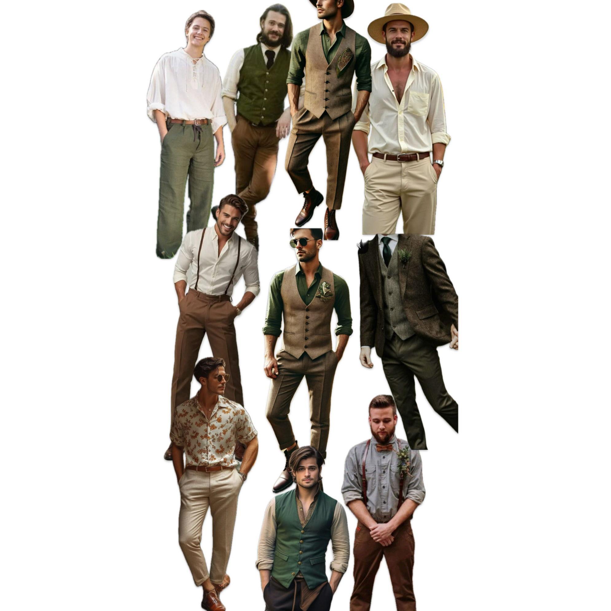 Men – Medieval-inspired wedding looks with a modern twist: earthy tones, vests, suspenders, and natural fabrics blended with tailored fits and minimalist styling for a rustic yet refined vibe.