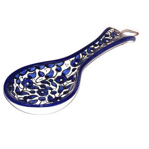 Holylandmarket - Armenian hand painted cooking Spoon Rest / Ladle Holder - Large with deep Round Cup part ( 10 inches long by 4 inches across and 1 inch deep ) - Asfour Outlet Trademark