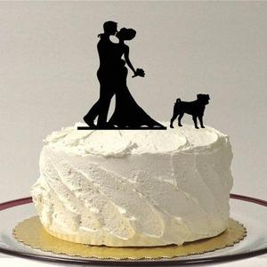 Wedding Cake Topper Pug Silhouette, Wedding Cake Topper Bride + Groom + Dog Pug Pet, Family of 3 CakeTopper Pug Dog Choice