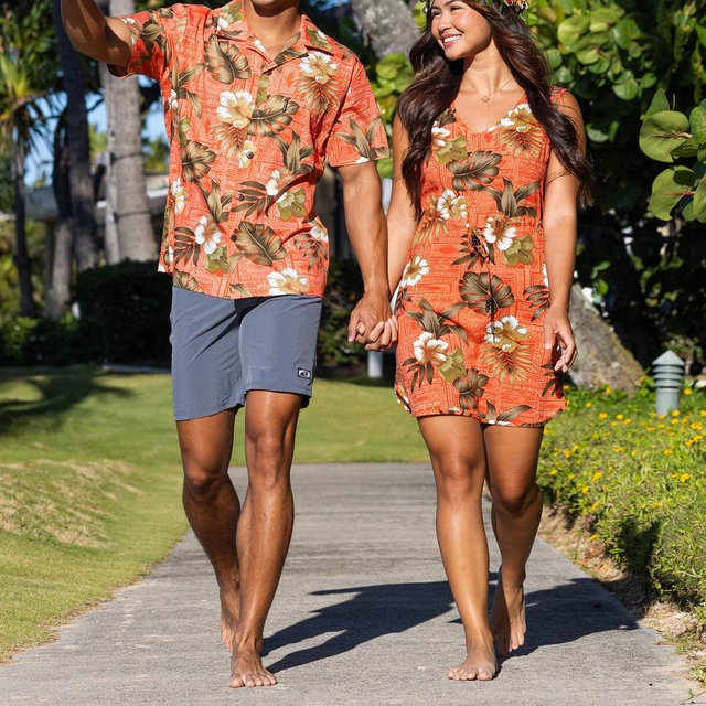 Matching Hawaiian print outfits