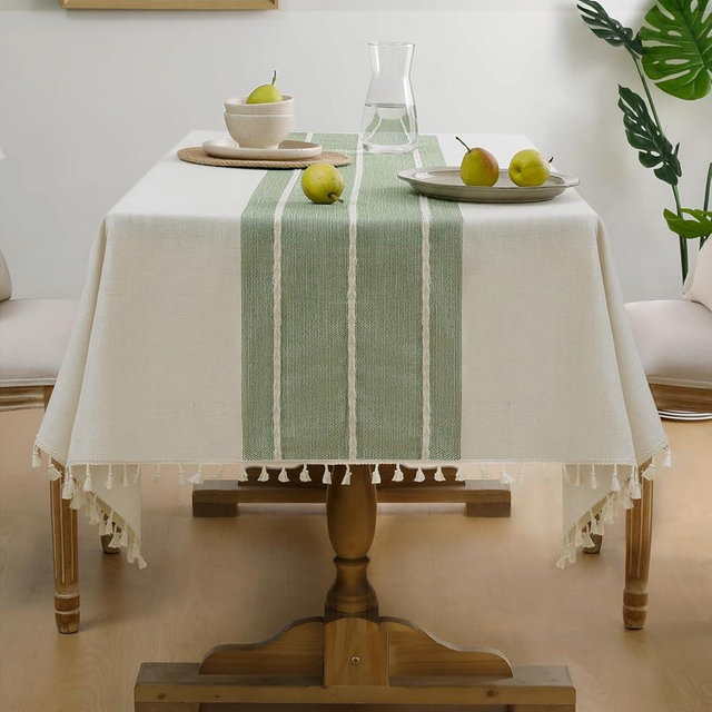 Softalker Linen Tablecloth Rectangle, Outdoor Waterproof Burlap Cotton Farmhouse Table Cloths with Tassel, Heavy Weight Wrinkle Free Table Cover for Dining, Party, Rustic - 55 x 70 Inch, Sage Lines