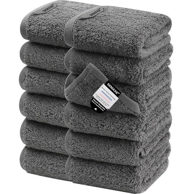 SEMAXE Grey Washcloths with Hanging Loops and Smart Tags, 100% Cotton Wash Cloths Set of 12, Face Towels Set for Bathroom, Hotel & Spa Quality, Gift Box Packaging, 13" L x 13" W