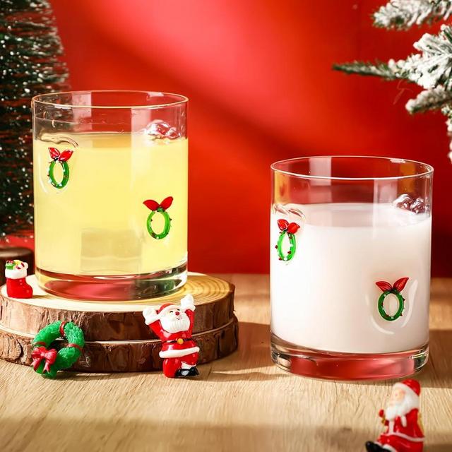 Skylety 2 Pcs Christmas Icon Juice Glasses Xmas Drinking Cups Old Fashioned Stemless Wine Glasses 13.5 oz Whiskey Cocktail Coffee Mugs for Christmas Party Gift Decor