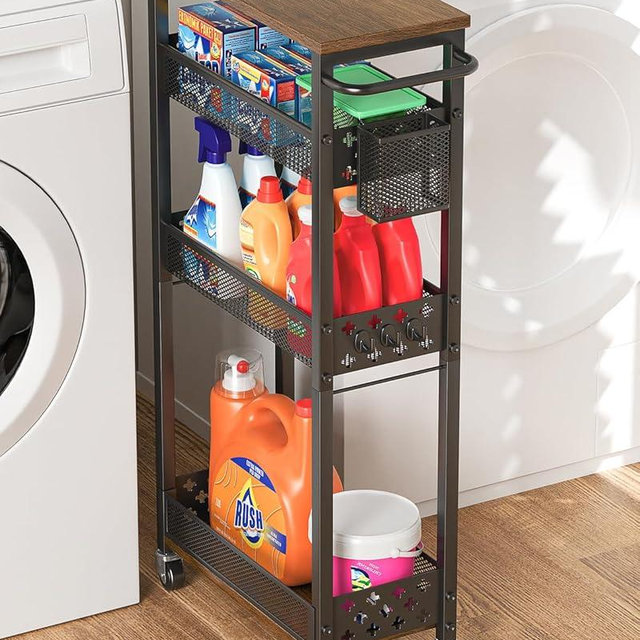 XYZLVSI Slim Storage Cart 4 Tier Laundry Cart with Wheels, Narrow Metal Kitchen Rolling Carts Bathroom Organizers Storage Shelf with Wood Rack and Handle for Small Space