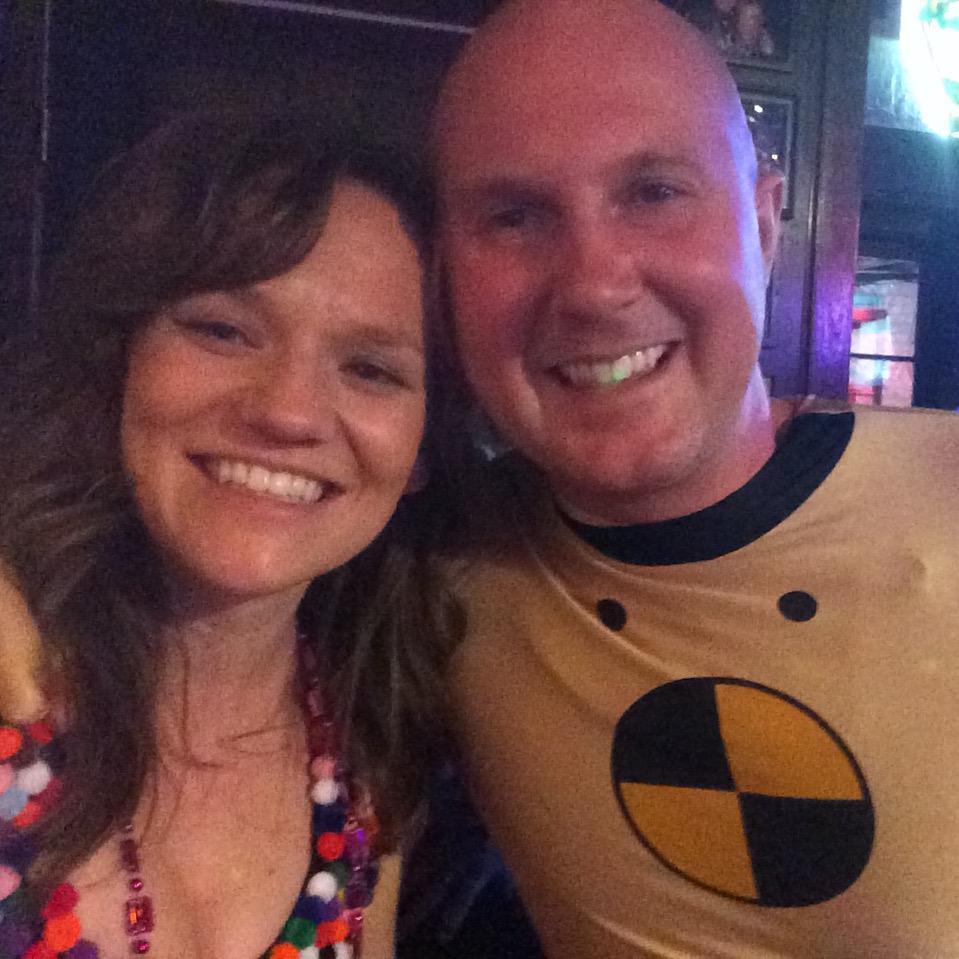 Dressed up as a gumball machine and a crash test dummy for Halloween in New Orleans