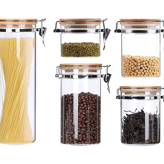 Clear Glass Airtight Food Storage Canisters Containers For The Kitchen Glass Storage Jars With Clamp Bamboo Lids Pasta Spaghetti Coffee Bean Tea Flour Sugar Canister Cookies Candy Jar 5 Piece Set