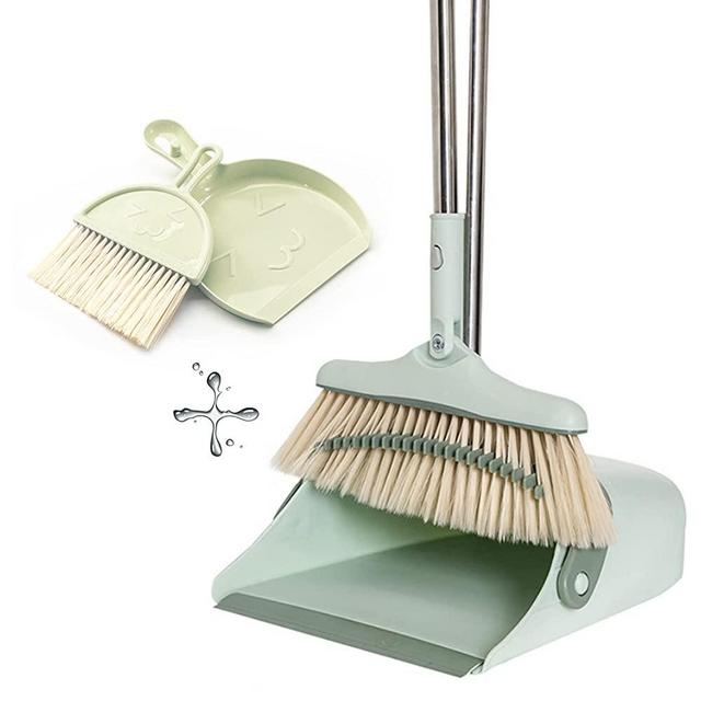 XXXFLOWER Broom and Dustpan Set Standing Upright Dustpan Long Handle with Self-Cleaning Teeth for Home Kitchen Floor and Green Mini Dustpan and Brush Set for Indoor Outdoor Table Desk