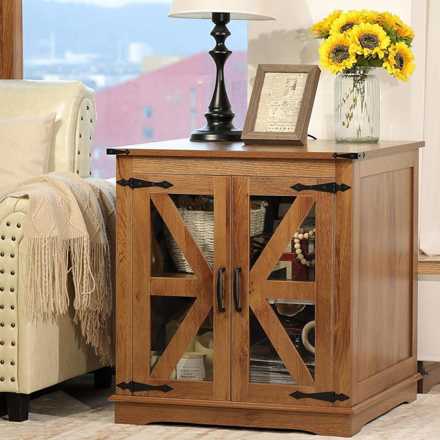 Beroxii Farmhouse End Table, 24" Large End Tables with Storage, Rustic Square Sofa Beside Table with Glass Barn Door, Wood Side Table Square Nightstand for Living Room, Bedroom, Office (Vintage Brown)