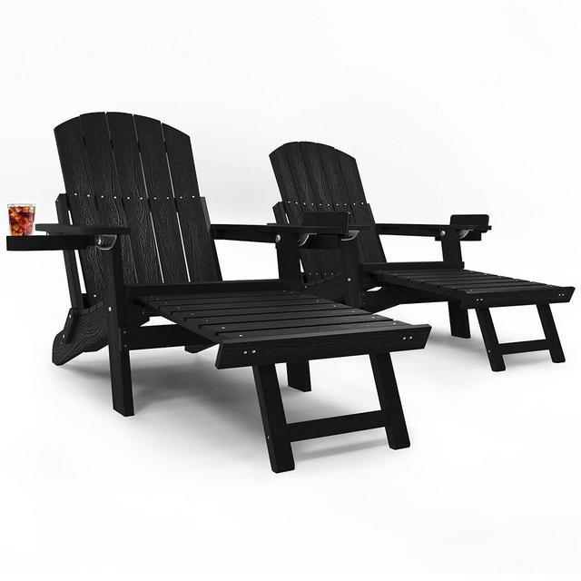 YEFU Folding Adirondack Chair Adjustable Backrest Adirondack Chairs Set of 2, Adirondack Retractable Ottoman, Weather Resistant with 2 Cup-Holder for Outdoor Fire Pit Patio Lawn, 380lbs(Black)