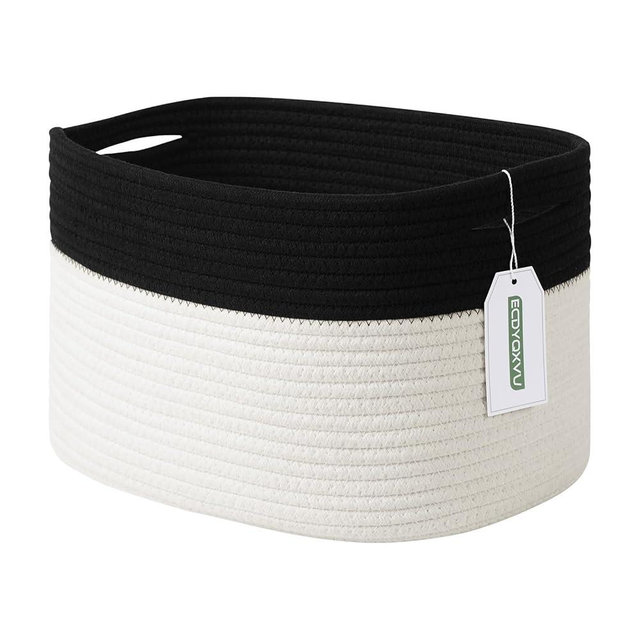 ECDYQXVU Cotton Rope Storage Basket, 15x10x9 Inches, Woven Basket for Shelves, Clothes, Towels, Books, and Laundry, Black/ White (1 Pack)