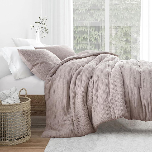 Merit Linens Waffle Textured 3 Piece Comforter Set All Season Down-Alternative Ultra Soft Bedding - Full/Queen Mauve