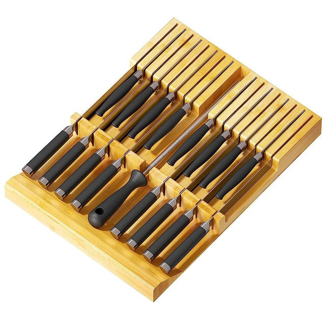 SpaceAid Bamboo Knife Drawer Organizer Insert, Kitchen Steak Knives Holder Organizers Block for Drawer Storage Organization (16 Knife Slots and 1 Sharpener Slot)