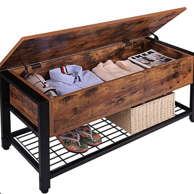 Ktaxon Industrial Storage Bench, Entryway Shoe Bench with Shoe Rack and Hidden Storage for Hallway, Foyer, Living Room, Bedroom, Rustic Brown