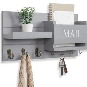 Mail Organizer for Wall Mount – Key Holder with Shelf Includes Letter Holder and Hooks for Hallway Farmhouse Decor – Rustic Wood with Flush Mounting Hardware (16.5” x 9.1” x 3.4”) (Gray)