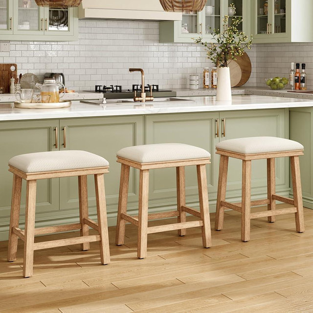 MAISON ARTS Off White Counter Height 24 inch Bar Stools Set of 3 for Kitchen Counter Solid Wood Legs with Faux Leather Padded Seat Farmhouse Barstools for 34"-38" Counter Island Upholstered Stools