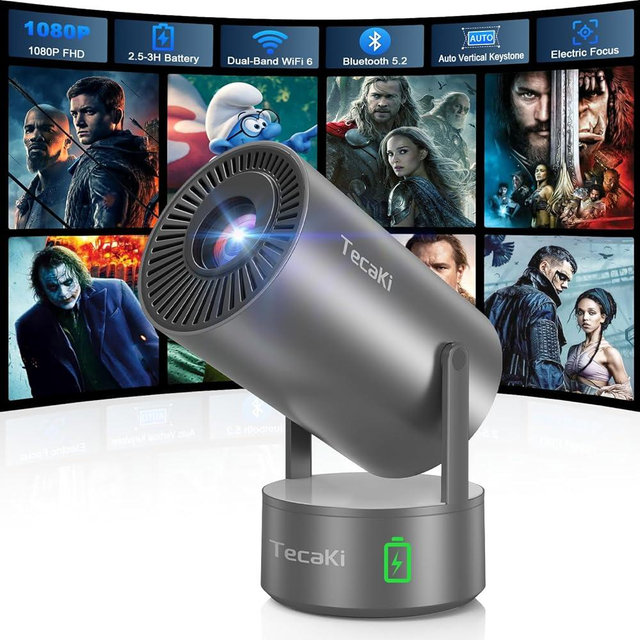 Tecaki Portabler Projector with Built-in Battery, Outdoor Movie Projector for Camping, Backyard, Bedroom, Mini Projector with WIFI and Bluetooth, 180° Rotatable Stand, Auto Keystone, Electric Focus
